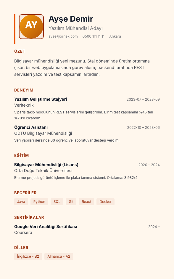 Sıcak Kum CV şablonu - yeni mezun CV'si örneğiyle