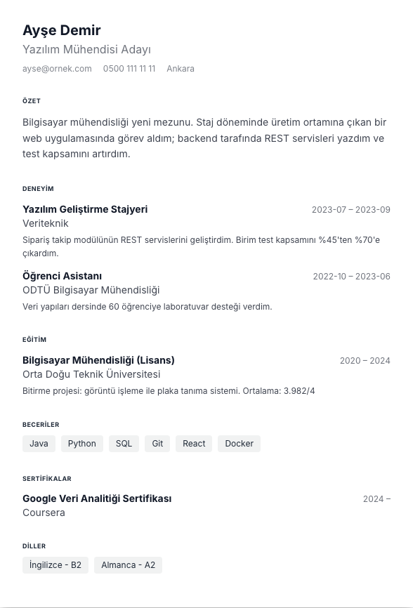 Sıkı Tek Sayfa CV şablonu - yeni mezun CV'si örneğiyle