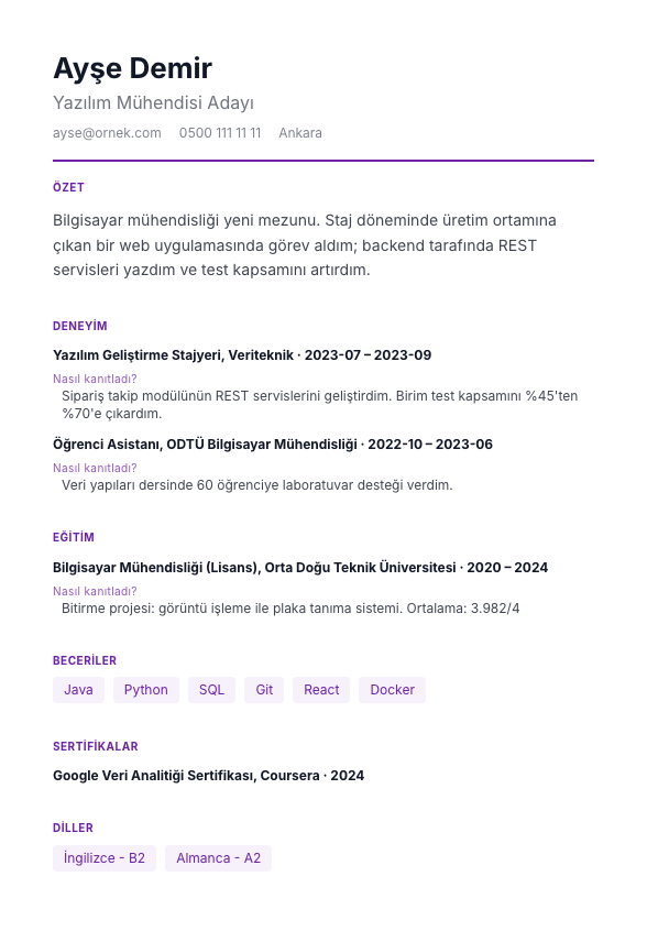 Soru-Cevap CV şablonu - yeni mezun CV'si örneğiyle
