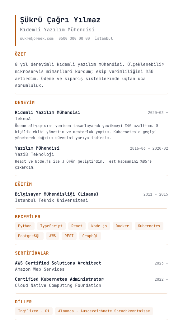 Tech Single CV şablonu - alternatif vurgu rengiyle