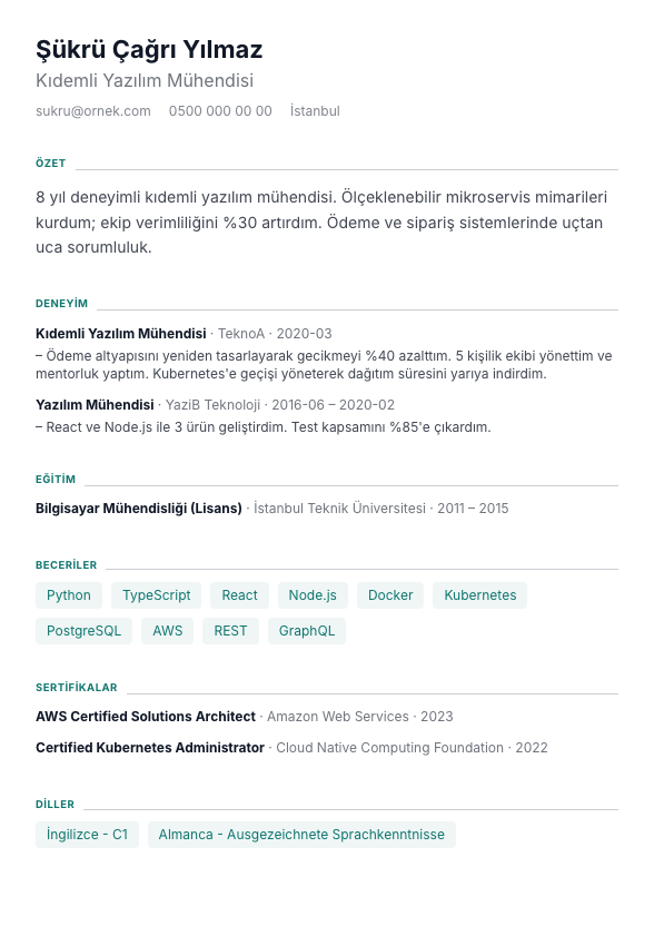 Tek Nefes CV şablonu - alternatif vurgu rengiyle