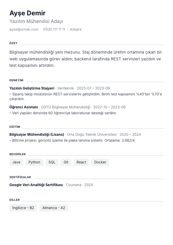 Tek Nefes CV şablonu - yeni mezun CV'si örneğiyle