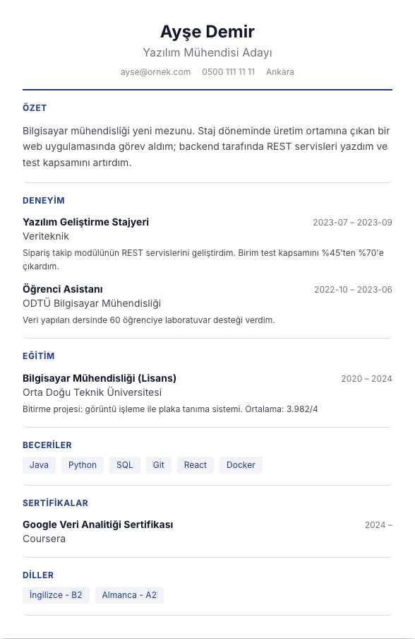 Ortalı Modern CV şablonu - yeni mezun CV'si örneğiyle