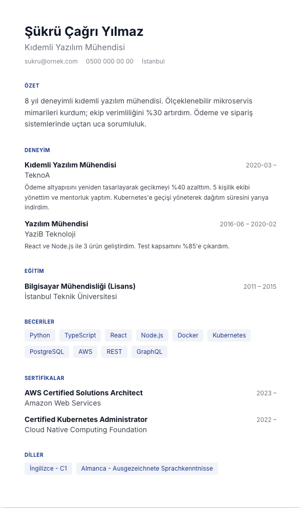 Zaman Noktası CV şablonu önizlemesi - Tüm kronolojik bölümler tek ray üzerinde: her girişin solunda nokta, aralarında dikey çizgi