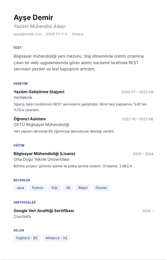Zaman Noktası CV şablonu - yeni mezun CV'si örneğiyle