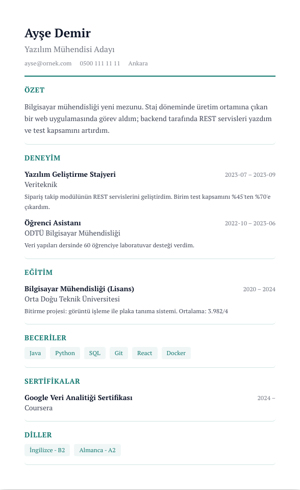 Zaman Çizelgesi CV şablonu - yeni mezun CV'si örneğiyle