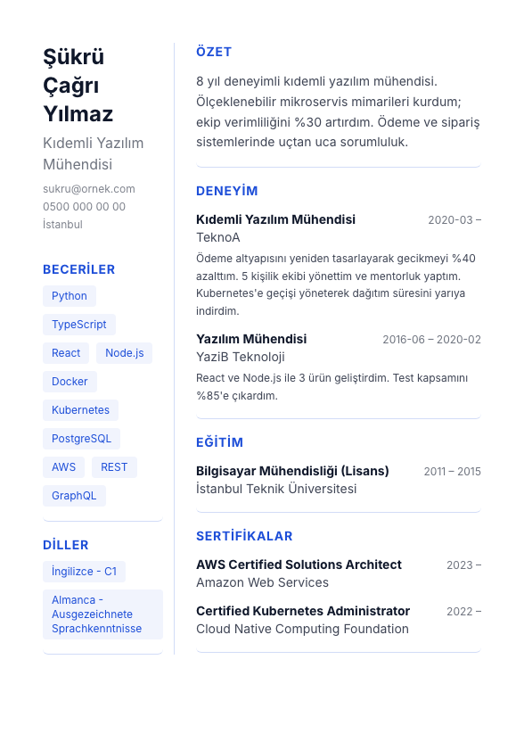 İki Kolon Sade CV şablonu - alternatif vurgu rengiyle