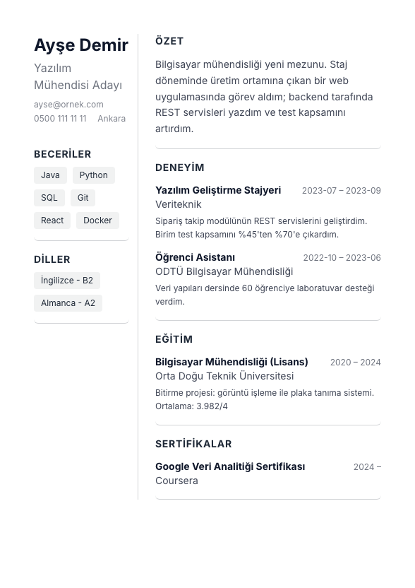 İki Kolon Sade CV şablonu - yeni mezun CV'si örneğiyle