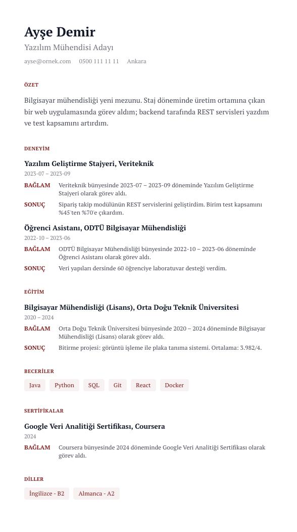 Vaka Dosyası CV şablonu - yeni mezun CV'si örneğiyle