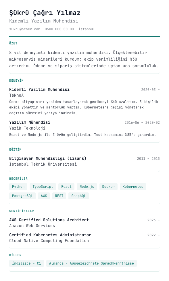 Veri Konsolu CV şablonu önizlemesi - Monospace mikro başlıklar, dar marj ve metrik yoğun analist düzeni