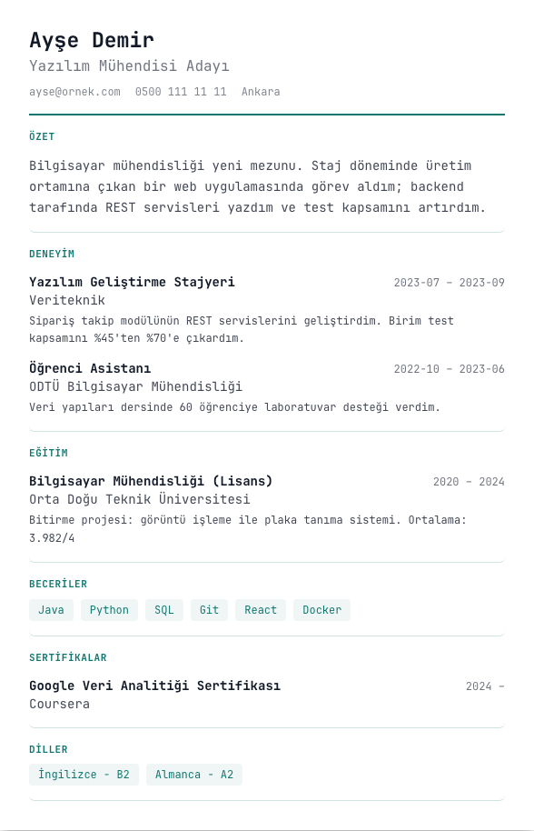 Veri Konsolu CV şablonu - yeni mezun CV'si örneğiyle