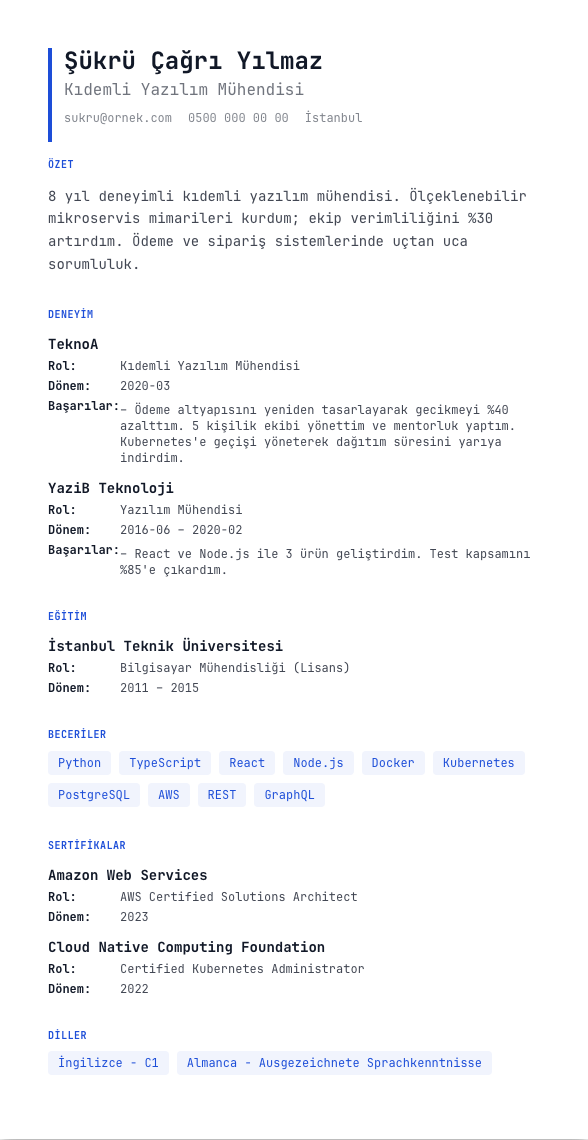 Veri Sayfası CV şablonu - alternatif vurgu rengiyle