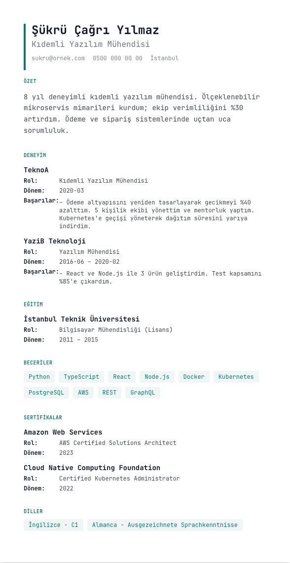 Veri Sayfası CV şablonu önizlemesi - Teknik ürün veri sayfası dili: Rol / Dönem / Yığın / Başarılar / Etki etiket-değer satırları