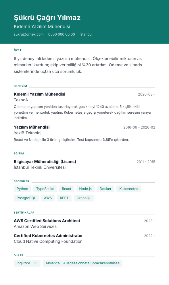 Vurgu Bandı CV şablonu - alternatif vurgu rengiyle