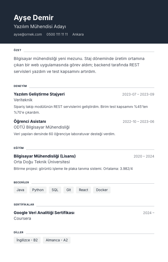 Vurgu Bandı CV şablonu - yeni mezun CV'si örneğiyle