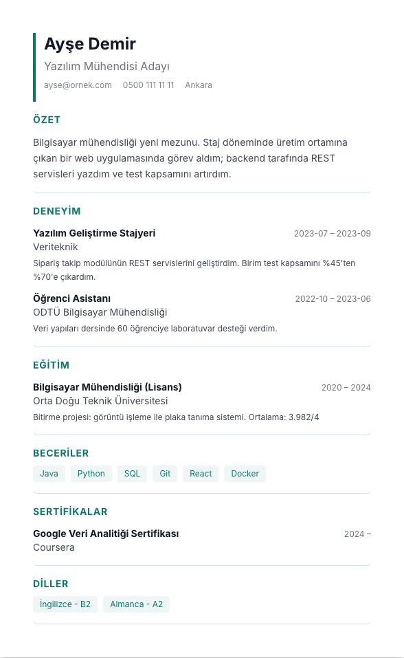 Yeni Mezun CV şablonu - yeni mezun CV'si örneğiyle