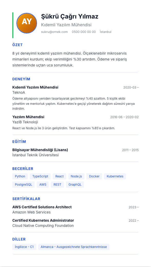 Yeşil Modern TR CV şablonu - alternatif vurgu rengiyle