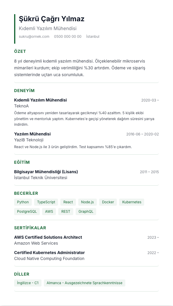 Yeşil Modern TR CV şablonu - fotoğrafsız kullanımıyla
