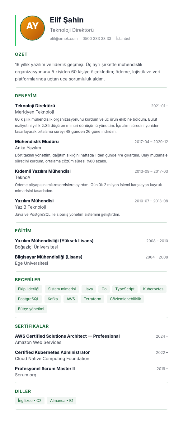 Yeşil Modern TR CV şablonu - uzun kariyer geçmişi örneğiyle
