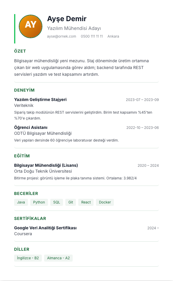 Yeşil Modern TR CV şablonu - yeni mezun CV'si örneğiyle