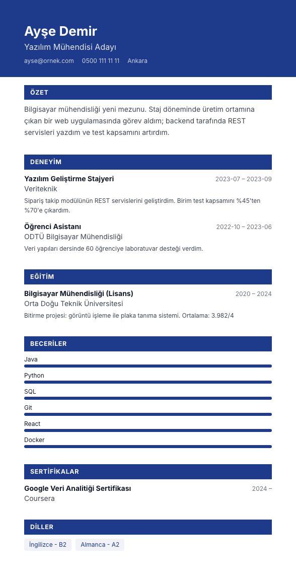 Yetkinlik Panosu CV şablonu - yeni mezun CV'si örneğiyle