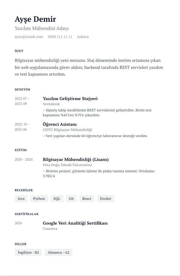 Yıl Defteri CV şablonu - yeni mezun CV'si örneğiyle