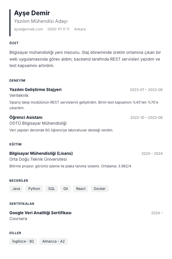 Yoğun Izgara CV şablonu - yeni mezun CV'si örneğiyle