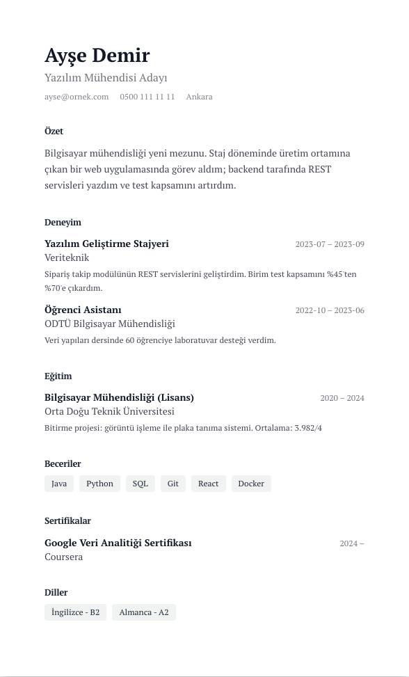 Yönetici Brifi CV şablonu - yeni mezun CV'si örneğiyle